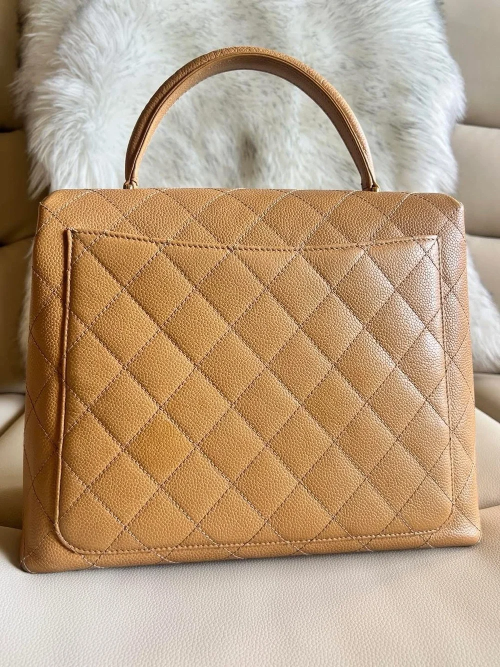 CHANEL Kelly Top Handle Bag Camel Caviar Leather